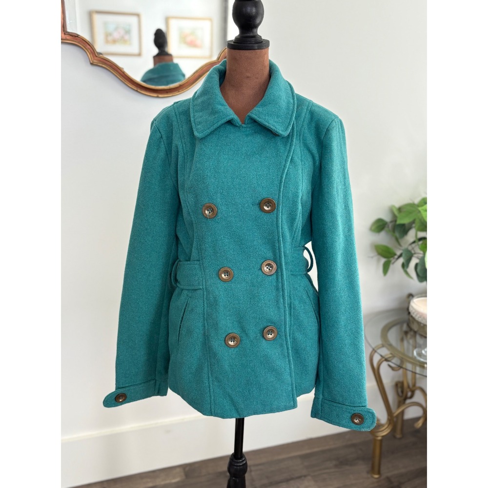 Inspired Hearts Pea Coat Women's L Double Breasted Belted Teal Green Jacket